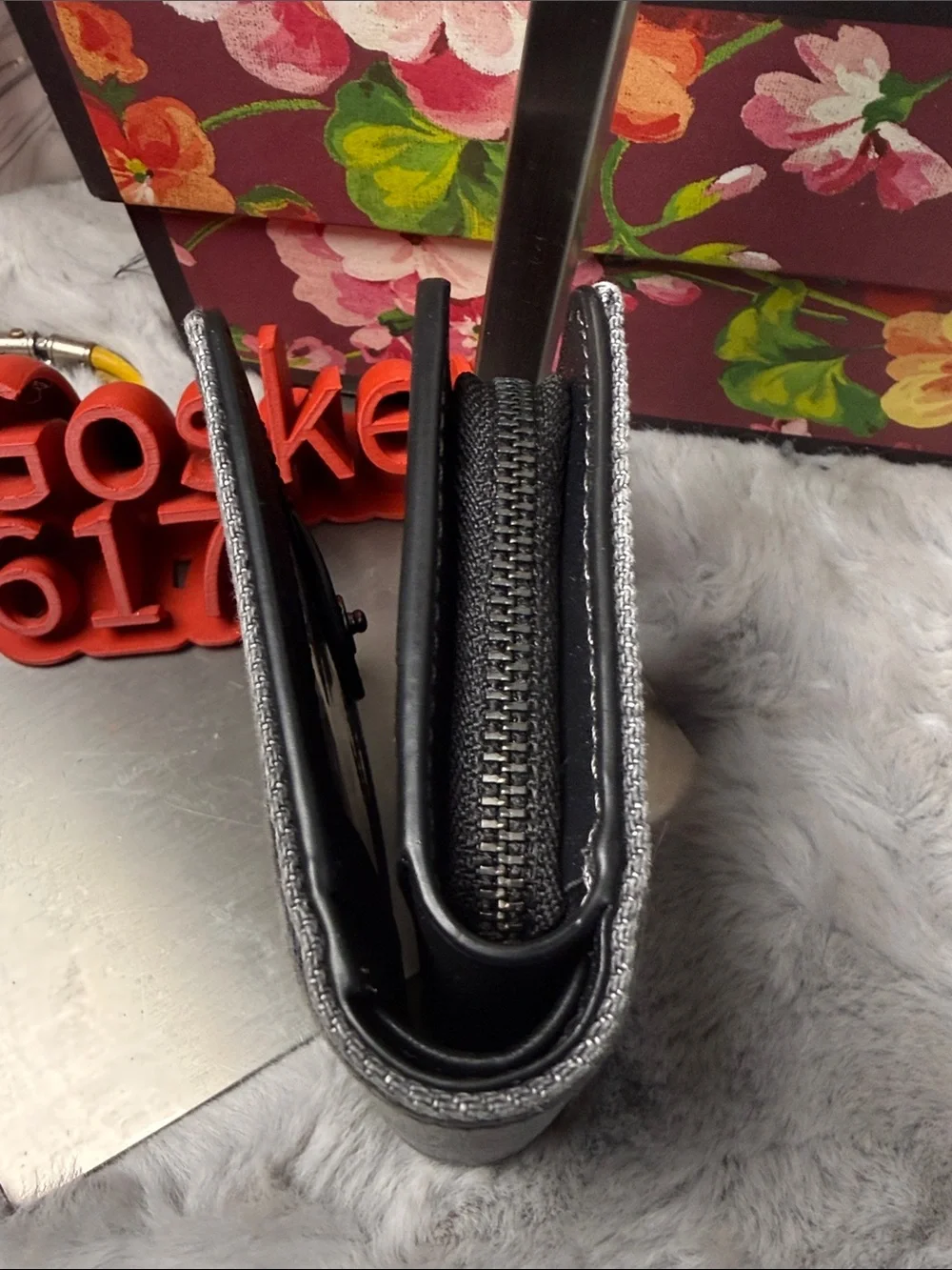Coach Gray Denim Zip-Around Wallet with Black Trim
